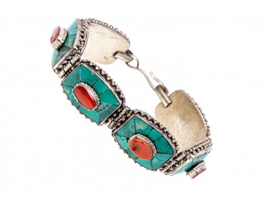Sterling Silver Striking Southwestern Motif Turquoise And Coral Link Bracelet