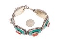 Sterling Silver Striking Southwestern Motif Turquoise And Coral Link Bracelet