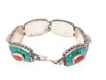 Sterling Silver Striking Southwestern Motif Turquoise And Coral Link Bracelet