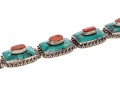 Sterling Silver Striking Southwestern Motif Turquoise And Coral Link Bracelet