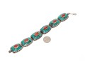 Sterling Silver Striking Southwestern Motif Turquoise And Coral Link Bracelet