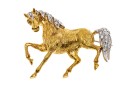 18k Yellow Gold Playful Horse Motif Animal Form Brooch With Diamonds