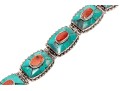 Sterling Silver Striking Southwestern Motif Turquoise And Coral Link Bracelet