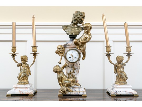 Antique 3 Piece French Bronze Dore & Veined Marble Garniture 