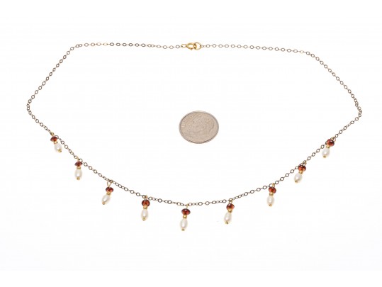 Gold Filled Pearl And Garnet Beaded Necklace