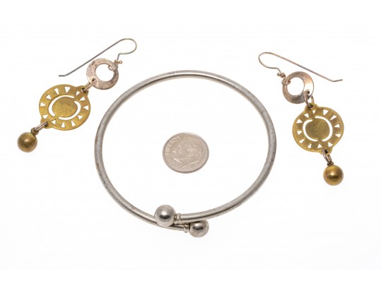 Sterling Silver And Brass Contemporary Long Drop Earrings 