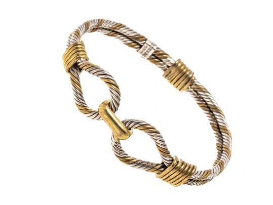 Sterling Silver Striking Twisted Rope Motif Bangle Bracelet, With Vermeil Highlights