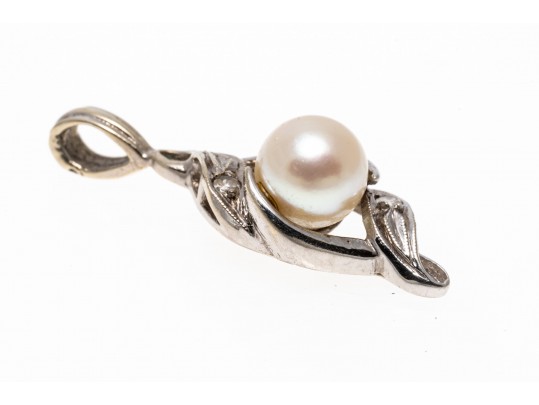 Single Cultured Pearl 14K White Gold Pendant With Diamond Accents