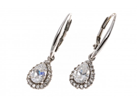 Sterling Silver Pretty Pear Shaped White CZ Halo Drop Earrings
