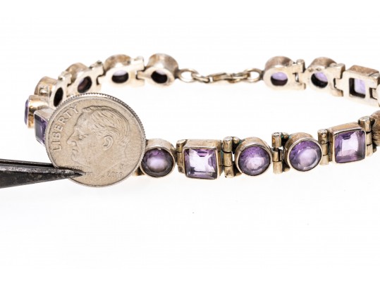 Sterling Silver Pretty Amethyst Line Bracelet Paired With Purple Cz Earrings
