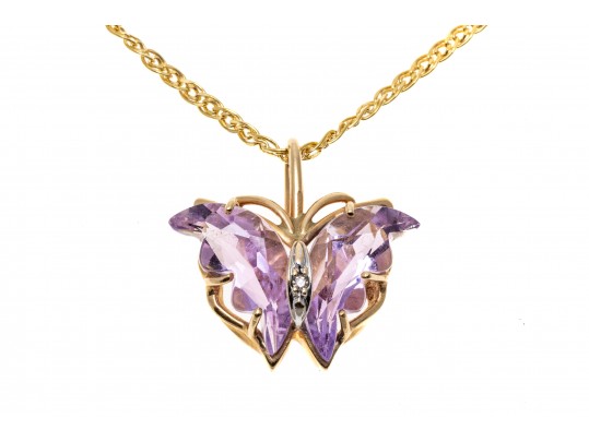 14k Yellow Gold Lovely Amethyst Butterfly Pendant, With Chain