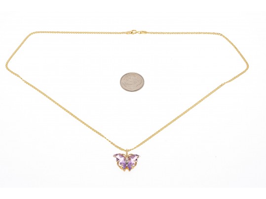 14k Yellow Gold Lovely Amethyst Butterfly Pendant, With Chain