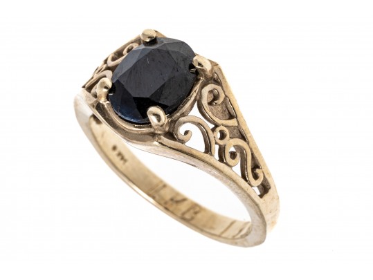 14K And Opaque Sapphite Scrollwork Ring, Size 6.5