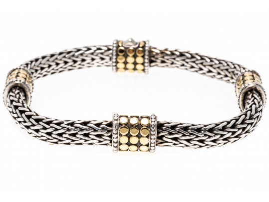 John Hardy Wonderful Classic Sterling Woven Bracelet With 18k Yg Dot Stations