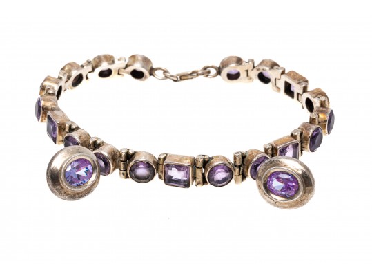Sterling Silver Pretty Amethyst Line Bracelet Paired With Purple Cz Earrings