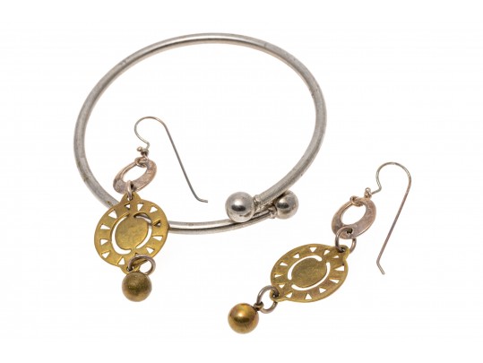 Sterling Silver And Brass Contemporary Long Drop Earrings 