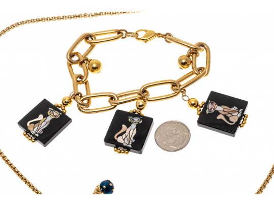 Lot Of Three Assorted Gold Plated Jewelry Pieces, Including A Funky Cat Tile Bracelet