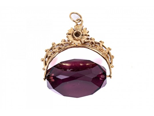 9k Gold Vintage 1966 Purple Glass And Floral Top Watch Fob