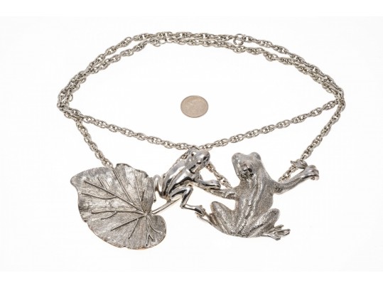 Fabulous Massive Silver Plated Figural Frog And Leaf Neck Piece