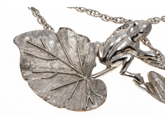 Fabulous Massive Silver Plated Figural Frog And Leaf Neck Piece