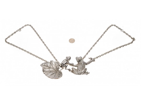 Fabulous Massive Silver Plated Figural Frog And Leaf Neck Piece