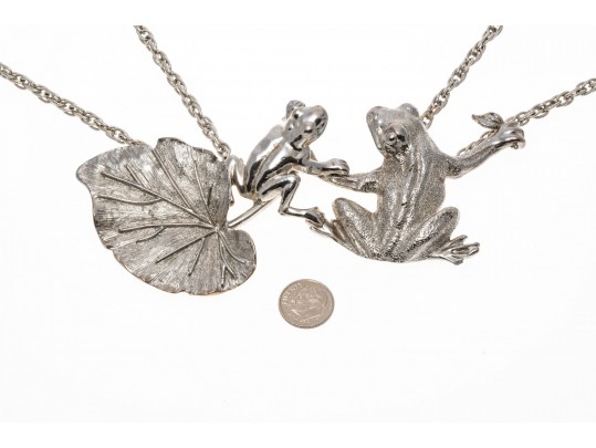 Fabulous Massive Silver Plated Figural Frog And Leaf Neck Piece