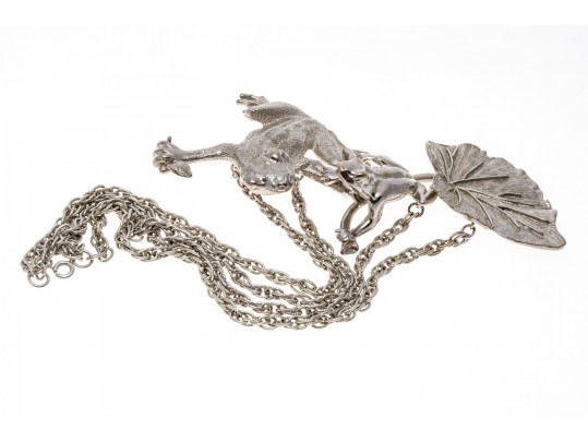 Fabulous Massive Silver Plated Figural Frog And Leaf Neck Piece