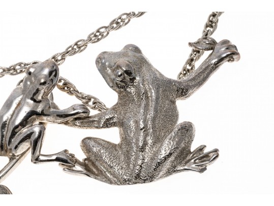 Fabulous Massive Silver Plated Figural Frog And Leaf Neck Piece