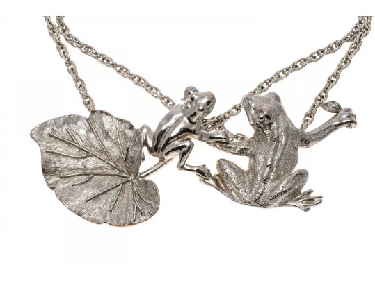 Fabulous Massive Silver Plated Figural Frog And Leaf Neck Piece