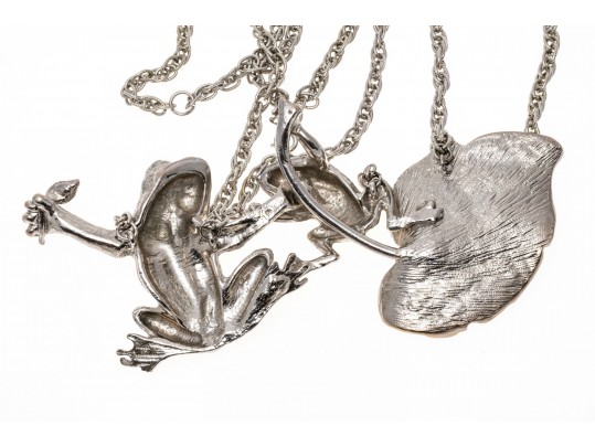 Fabulous Massive Silver Plated Figural Frog And Leaf Neck Piece