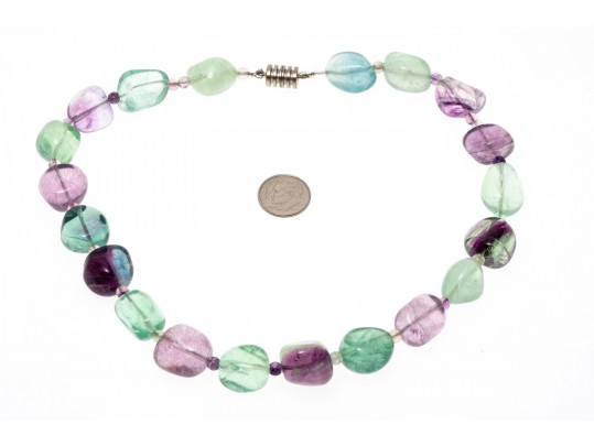 Wonderful Chunky Tumbled Green, Greenish Blue And Purple Fluorite Necklace