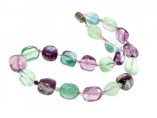 Wonderful Chunky Tumbled Green, Greenish Blue And Purple Fluorite Necklace