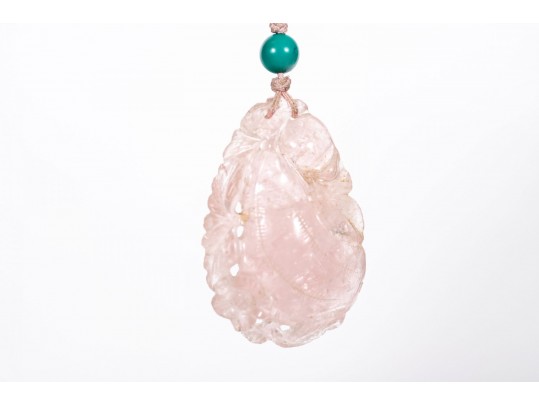 Early 20th Century Chinese Hand Carved Rose Quartz Pendant With Turquoise Bead