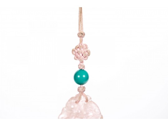 Early 20th Century Chinese Hand Carved Rose Quartz Pendant With Turquoise Bead