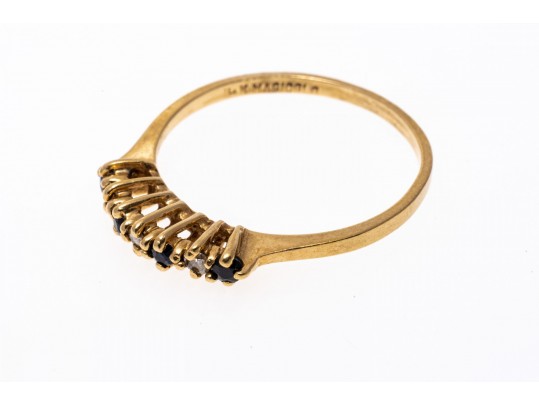 Dainty 14K Diamond And Sapphire Ring, Size 6.75