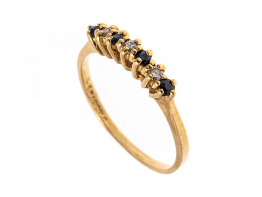 Dainty 14K Diamond And Sapphire Ring, Size 6.75