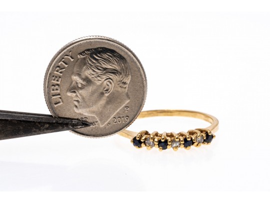 Dainty 14K Diamond And Sapphire Ring, Size 6.75