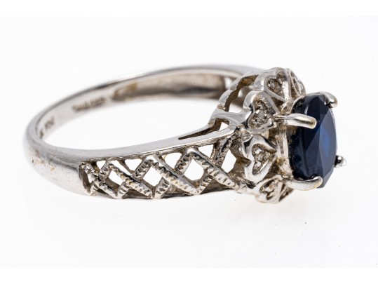 Romantic 10K White Gold Sapphire And Accent Diamond Heart Halo Ring, Size 6.75+