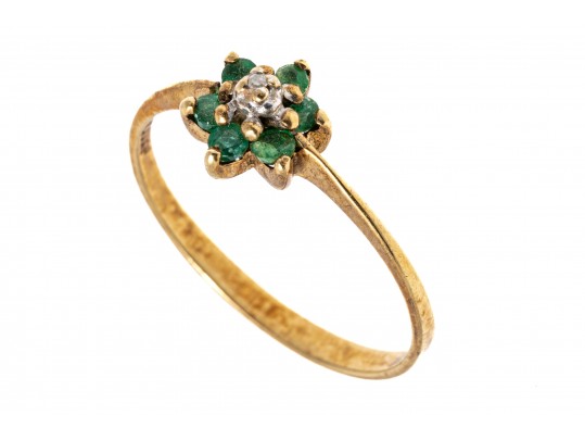 Dainty 10K Emerald And Accent Diamond Cluster Ring, Size 7-