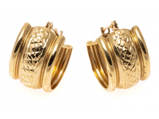 14k Yellow Gold Pretty Small Wide Chubby Diamond Cut Hoop Earring