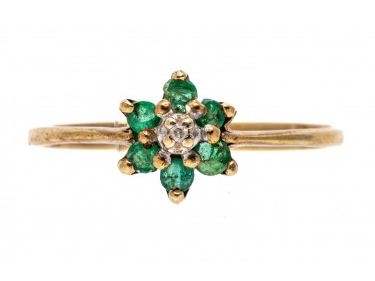 Dainty 10K Emerald And Accent Diamond Cluster Ring, Size 7-