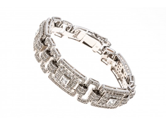 Lot Of Two Glittering Sterling Silver Jewelry And Cz Pieces, Including A Bracelet And A Brooch