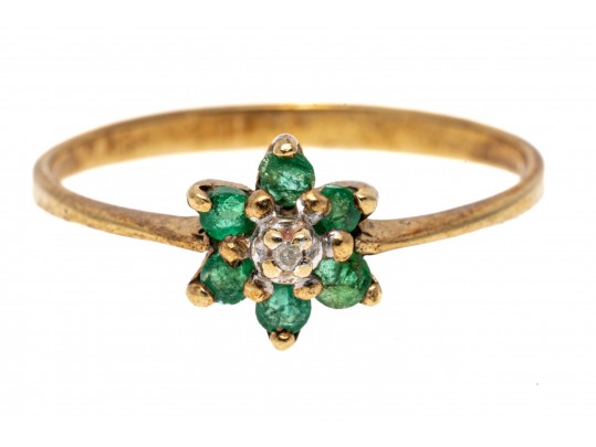 Dainty 10K Emerald And Accent Diamond Cluster Ring, Size 7-