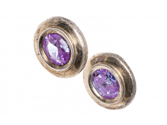 Sterling Silver Pretty Amethyst Line Bracelet Paired With Purple Cz Earrings