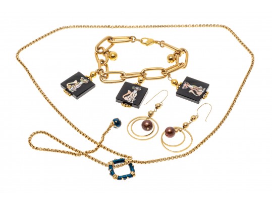 Lot Of Three Assorted Gold Plated Jewelry Pieces, Including A Funky Cat Tile Bracelet