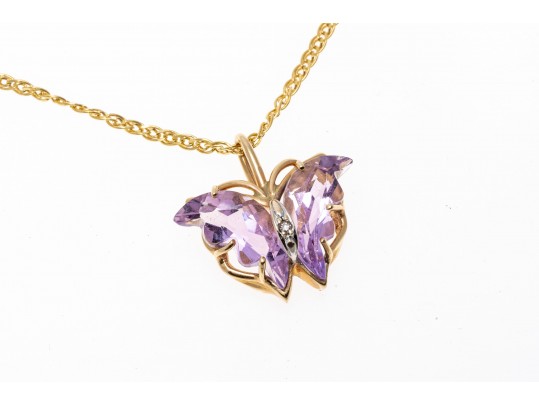 14k Yellow Gold Lovely Amethyst Butterfly Pendant, With Chain