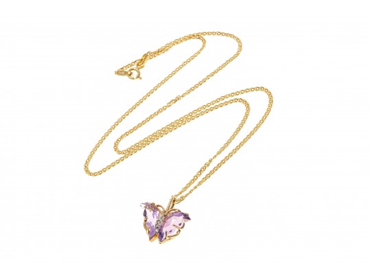 14k Yellow Gold Lovely Amethyst Butterfly Pendant, With Chain