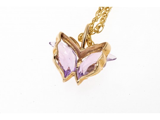 14k Yellow Gold Lovely Amethyst Butterfly Pendant, With Chain