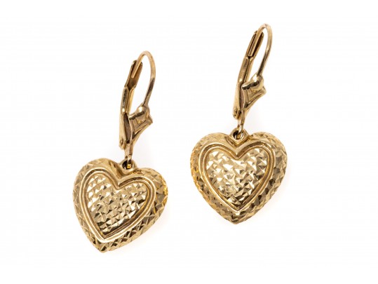 14k Yellow Gold Pretty Diamond Cut Puffed Heart Drop Earrings