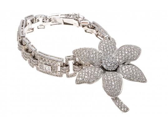 Lot Of Two Glittering Sterling Silver Jewelry And Cz Pieces, Including A Bracelet And A Brooch